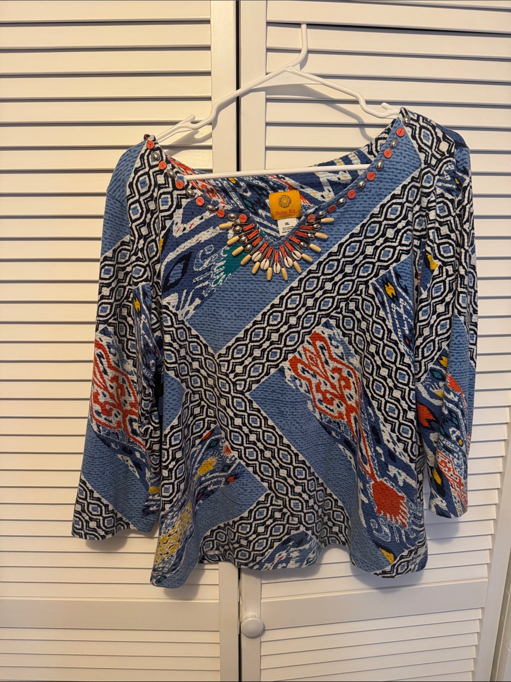 Peruvian Ruby Rd Brand Blue Geometric Patterned Top Multicolor Beaded Neckline
